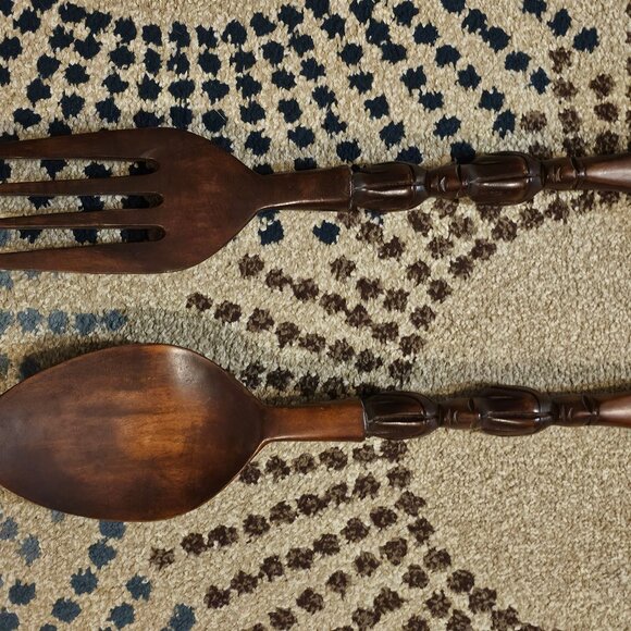 Vintage MCM 19" Carved Wooden Fork and Spoon Wall Decor Tiki Totem - Picture 7 of 7